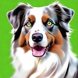 This is a high-quality digital art image of an Australian Shepherd dog with one blue eye and one green eye