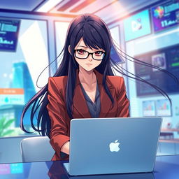 An anime-style illustration of a 27-year-old woman with long flowing dark hair, wearing a stylish blazer and glasses, standing behind a modern desk