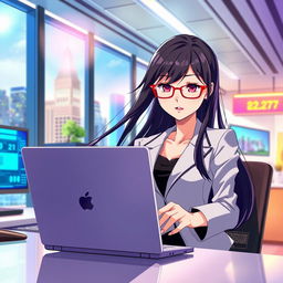 An anime-style illustration of a 27-year-old woman with long flowing dark hair, wearing a stylish blazer and glasses, standing behind a modern desk