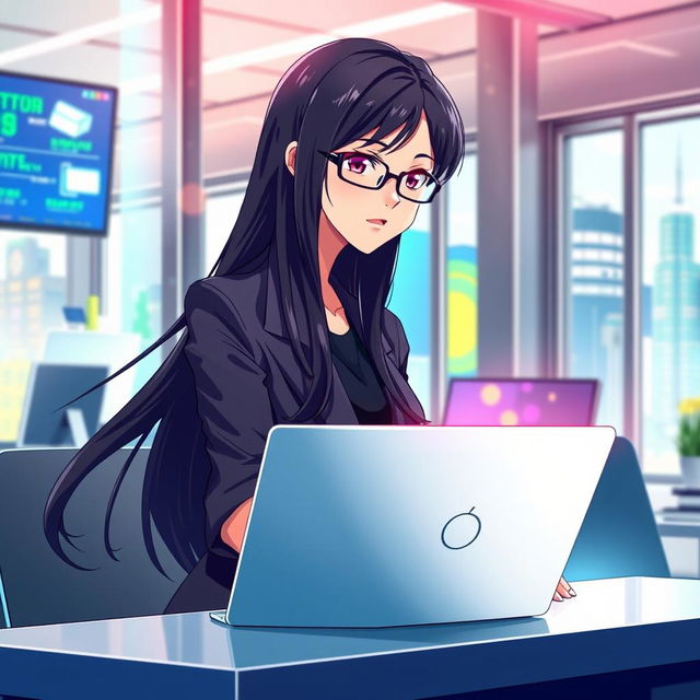 An anime-style illustration of a 27-year-old woman with long flowing dark hair, wearing a stylish blazer and glasses, standing behind a modern desk