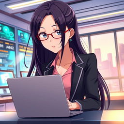 An anime-style illustration of a 27-year-old woman with long flowing dark hair, wearing a stylish blazer and glasses, standing behind a modern desk