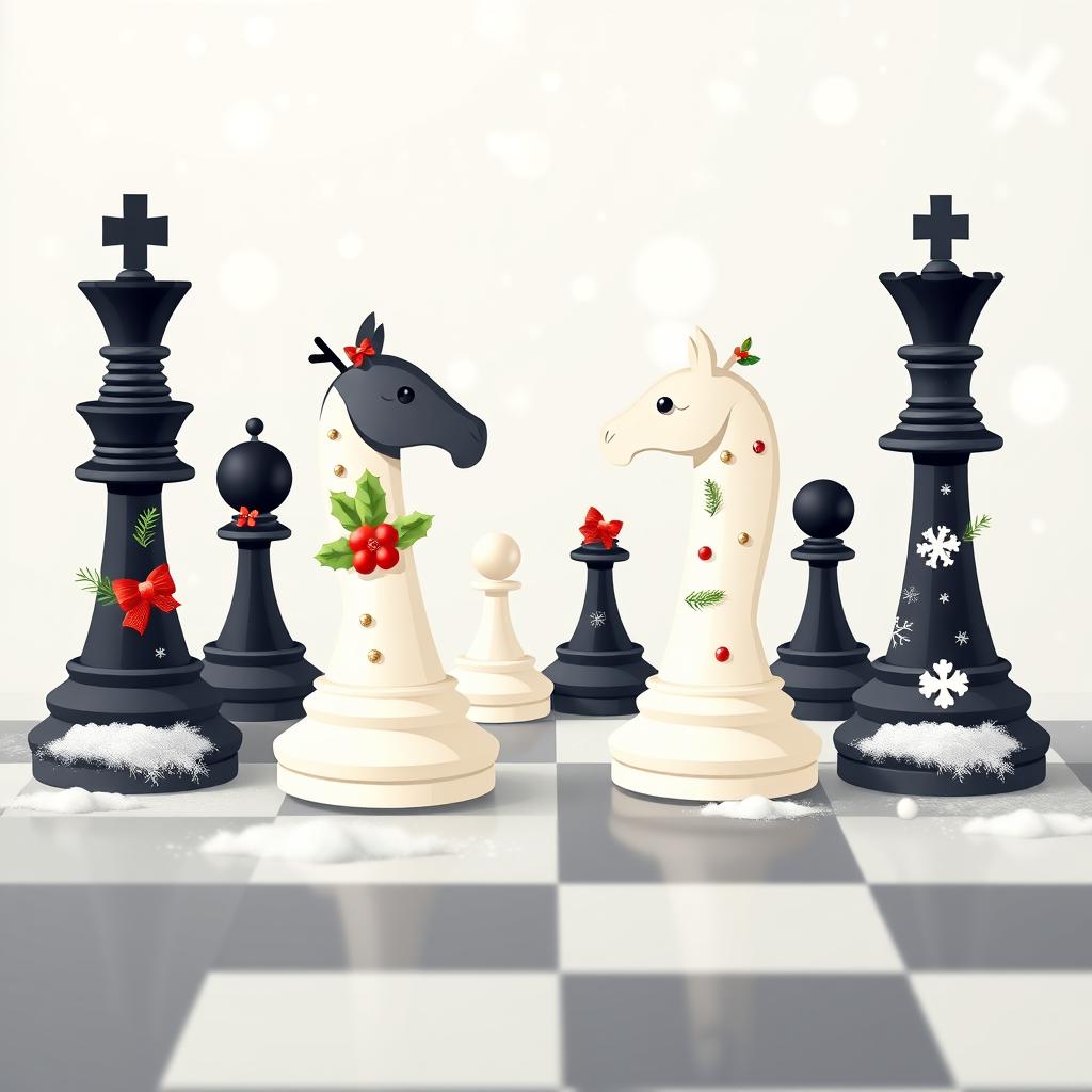 A visually striking flat design featuring chess figures in a Christmas theme
