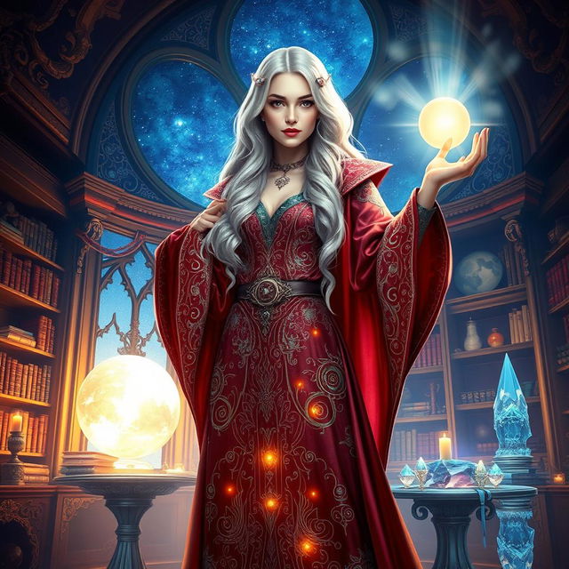 A stunning portrait of a beautiful sorceress in a vibrant fantasy room filled with mystical artifacts and glowing crystals