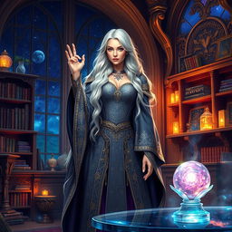 A stunning portrait of a beautiful sorceress in a vibrant fantasy room filled with mystical artifacts and glowing crystals