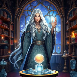 A stunning portrait of a beautiful sorceress in a vibrant fantasy room filled with mystical artifacts and glowing crystals