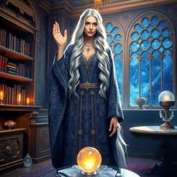 A stunning portrait of a beautiful sorceress in a vibrant fantasy room filled with mystical artifacts and glowing crystals