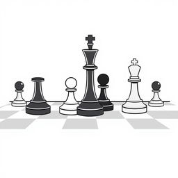 A vector style illustration of a chessboard with chess pieces, featuring only black and white colors