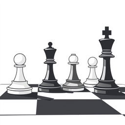 A vector style illustration of a chessboard with chess pieces, featuring only black and white colors