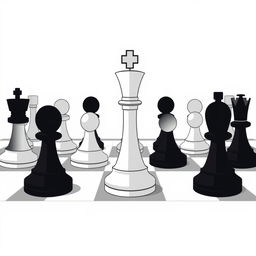 A vector style illustration of a chessboard with chess pieces, featuring only black and white colors