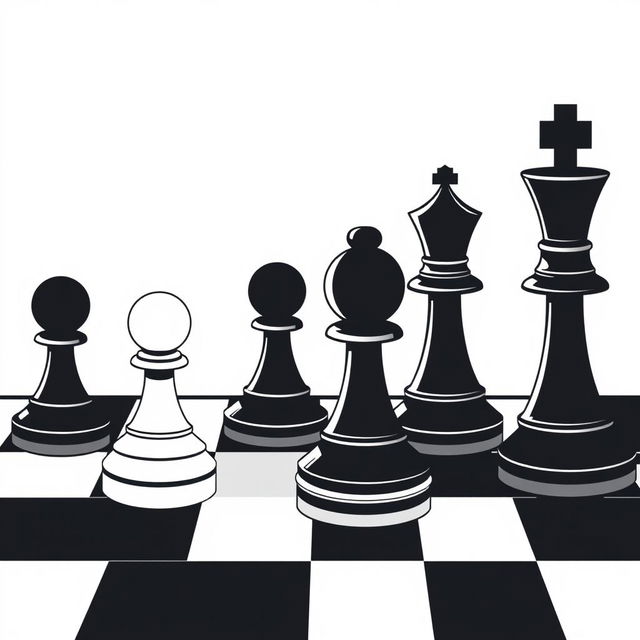 A vector style illustration of a chessboard with chess pieces, featuring only black and white colors