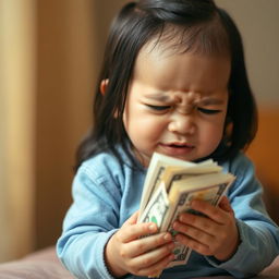 A baby crying, wearing a blue outfit, with long black hair, holding money in its hands
