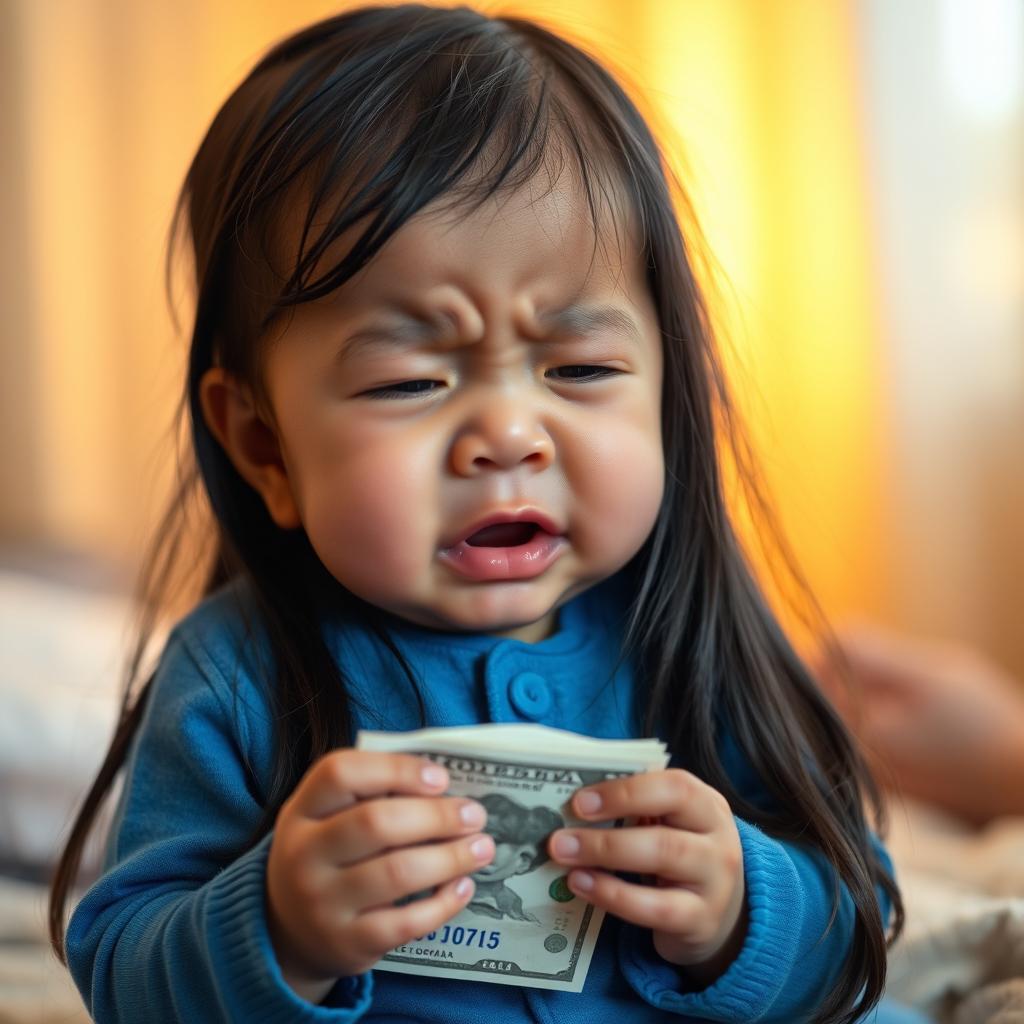 A baby crying, wearing a blue outfit, with long black hair, holding money in its hands