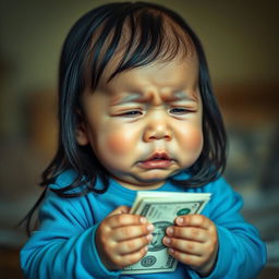 A baby crying, wearing a blue outfit, with long black hair, holding money in its hands