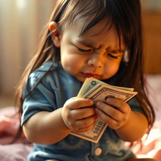 A baby crying, wearing a blue outfit, with long black hair, holding money in its hands