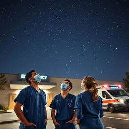 A serene night scene outside an emergency building of a hospital, featuring two male doctors and one female doctor standing together, gazing up at a breathtaking sky full of stars