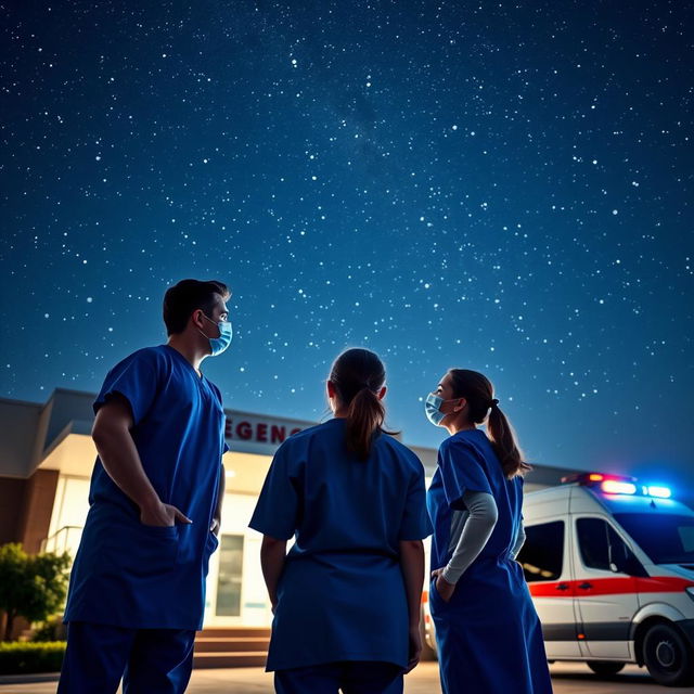 A serene night scene outside an emergency building of a hospital, featuring two male doctors and one female doctor standing together, gazing up at a breathtaking sky full of stars