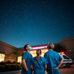 A serene night scene outside an emergency building of a hospital, featuring two male doctors and one female doctor standing together, gazing up at a breathtaking sky full of stars