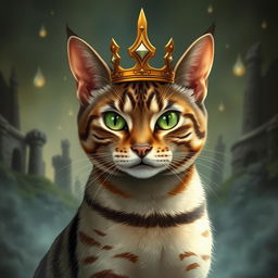 A short-haired tabby cat resembling Sauron from Lord of the Rings, wearing a majestic crown that reflects its regal status