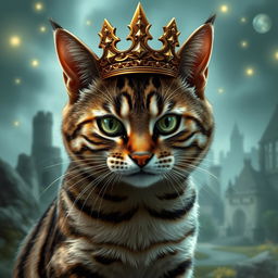 A short-haired tabby cat resembling Sauron from Lord of the Rings, wearing a majestic crown that reflects its regal status