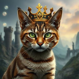 A short-haired tabby cat resembling Sauron from Lord of the Rings, wearing a majestic crown that reflects its regal status