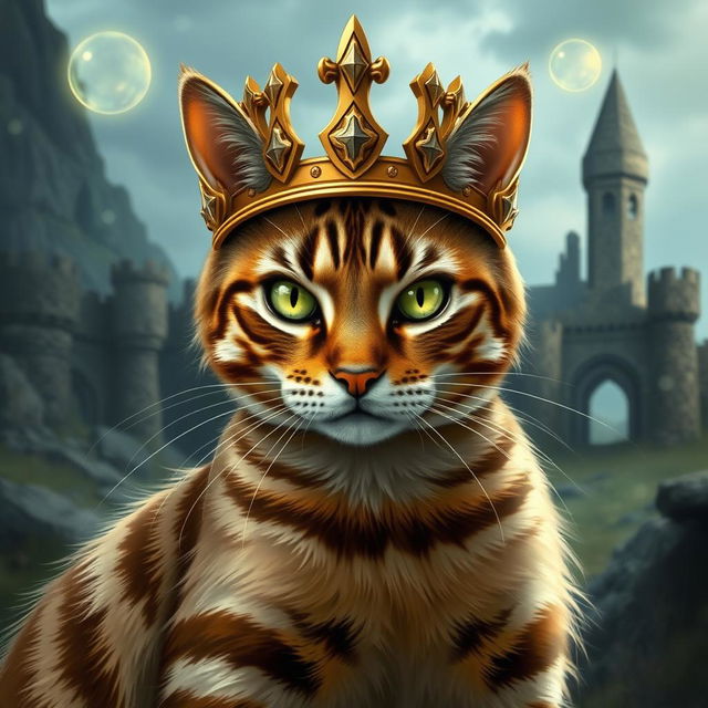 A short-haired tabby cat resembling Sauron from Lord of the Rings, wearing a majestic crown that reflects its regal status