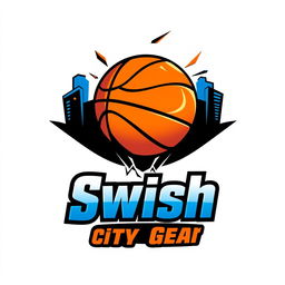 A dynamic and vibrant logo design for 'Swish City Gear', reflecting the excitement of basketball and urban culture