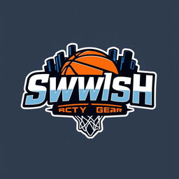 A dynamic and vibrant logo design for 'Swish City Gear', reflecting the excitement of basketball and urban culture