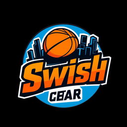 A dynamic and vibrant logo design for 'Swish City Gear', reflecting the excitement of basketball and urban culture