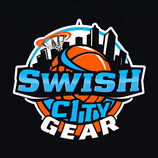 A dynamic and vibrant logo design for 'Swish City Gear', reflecting the excitement of basketball and urban culture