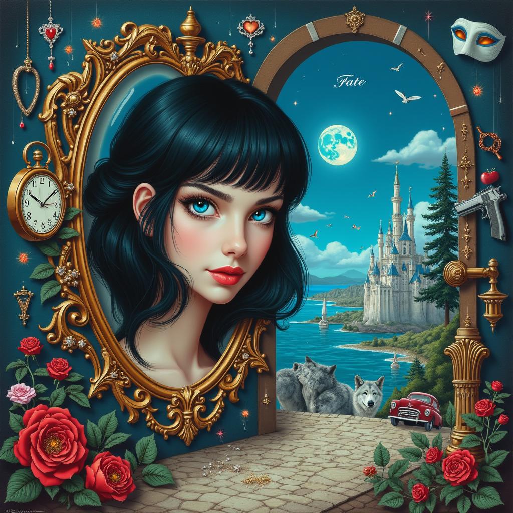 A beautiful, stunning black-haired young woman with crystal blue eyes, set in a dreamy psychedelic Salvador Dali-inspired world