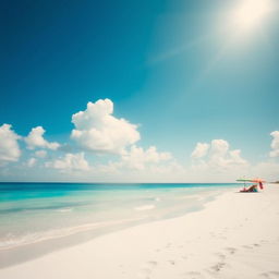 An empty beach scene with soft white sand and gentle turquoise waves lapping at the shore