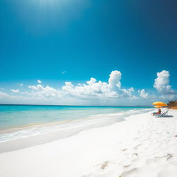 An empty beach scene with soft white sand and gentle turquoise waves lapping at the shore