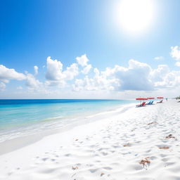 An empty beach scene with soft white sand and gentle turquoise waves lapping at the shore
