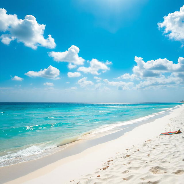 An empty beach scene with soft white sand and gentle turquoise waves lapping at the shore