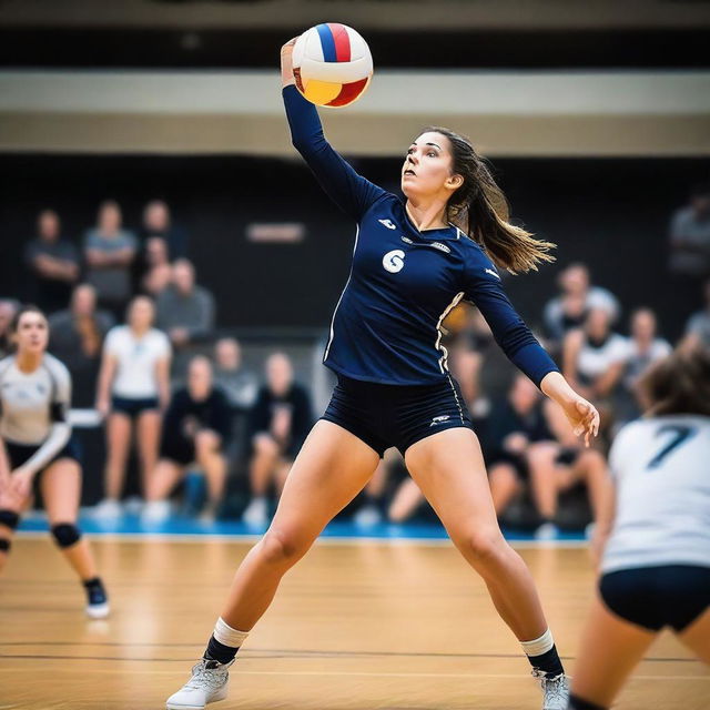 This is a high-quality photo capturing a dynamic moment in a volleyball match