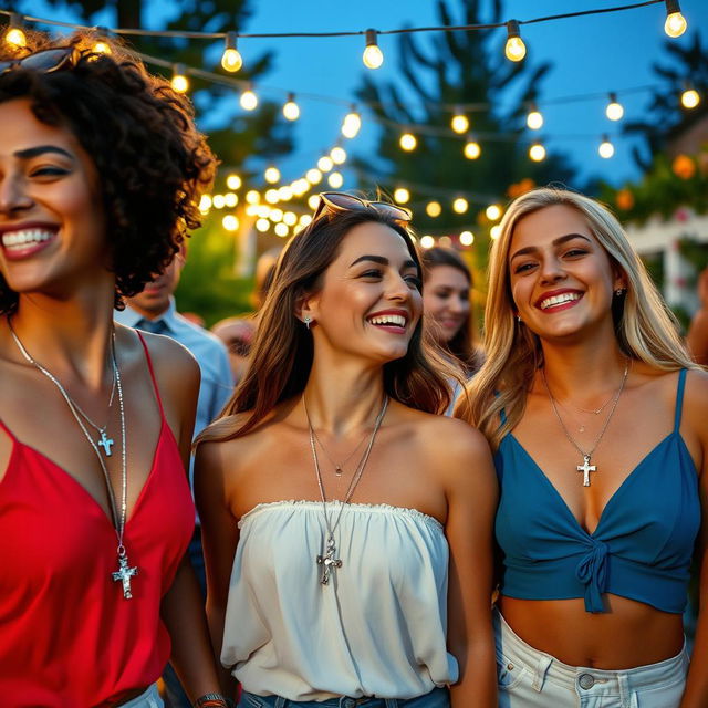 A vibrant scene showcasing a group of fashionable young adults at an outdoor evening party, wearing stylish summer clothing