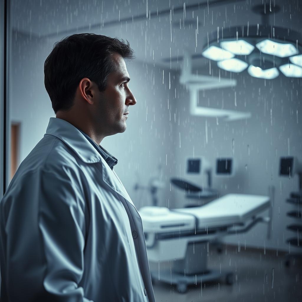 A doctor in a white coat looking pensively through a large window in a hospital, gazing outward as rain cascades down the glass