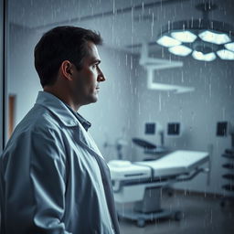 A doctor in a white coat looking pensively through a large window in a hospital, gazing outward as rain cascades down the glass