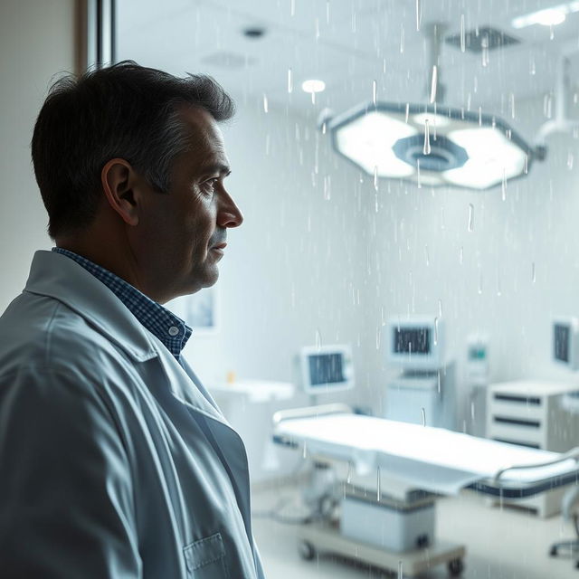 A doctor in a white coat looking pensively through a large window in a hospital, gazing outward as rain cascades down the glass