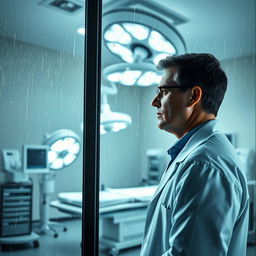 A doctor in a white coat looking pensively through a large window in a hospital, gazing outward as rain cascades down the glass