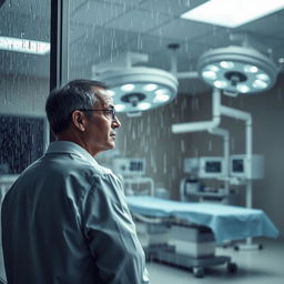 A doctor in a white coat looking pensively through a large window in a hospital, gazing outward as rain cascades down the glass