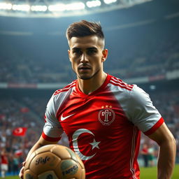 A striking portrait of a famous Turkish football player, showcasing his athletic build and intense expression on the field