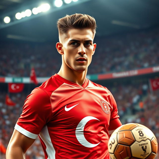 A striking portrait of a famous Turkish football player, showcasing his athletic build and intense expression on the field