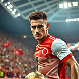 A striking portrait of a famous Turkish football player, showcasing his athletic build and intense expression on the field