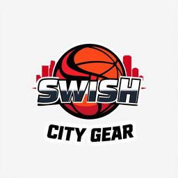 A striking and modern logo for 'Swish City Gear', designed for NBA merchandise