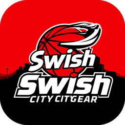 A striking and modern logo for 'Swish City Gear', designed for NBA merchandise