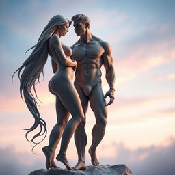 A breathtaking scene featuring two beautifully sculpted figures in an artistically abstract setting, their bodies expertly posed to reveal their expressive forms