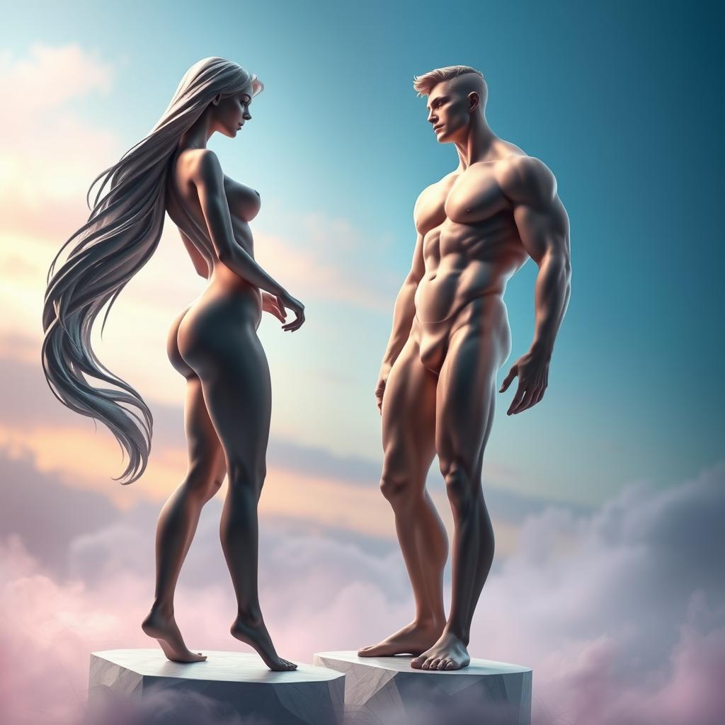 A breathtaking scene featuring two beautifully sculpted figures in an artistically abstract setting, their bodies expertly posed to reveal their expressive forms