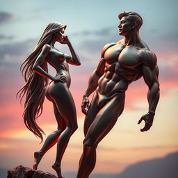 A breathtaking scene featuring two beautifully sculpted figures in an artistically abstract setting, their bodies expertly posed to reveal their expressive forms