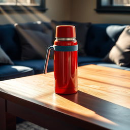 A beautiful still life composition featuring a red thermos with a blue handle sitting elegantly on a wooden table
